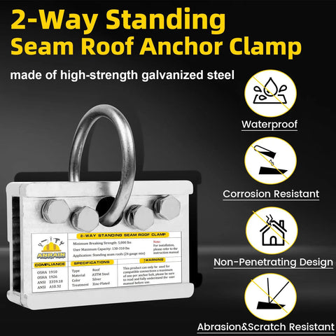 No Fuss Two Way Standing Seam Roof Anchor With Heavy Duty Five Thousand Pound Lock And Smooth Galvanized Rig For Metal Roofs showing galvanized steel design.
