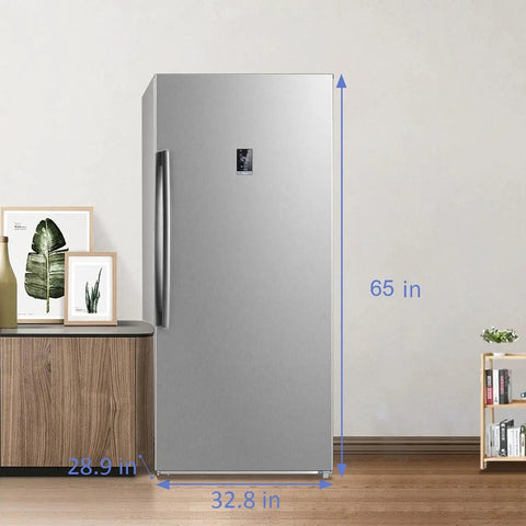 Beefy Upright Freezer With 17 Cubic Feet Capacity And Convertible Fridge Mode Featuring Frost Free Operation Plus Sleek Stainless Steel Exterior in a home setting.