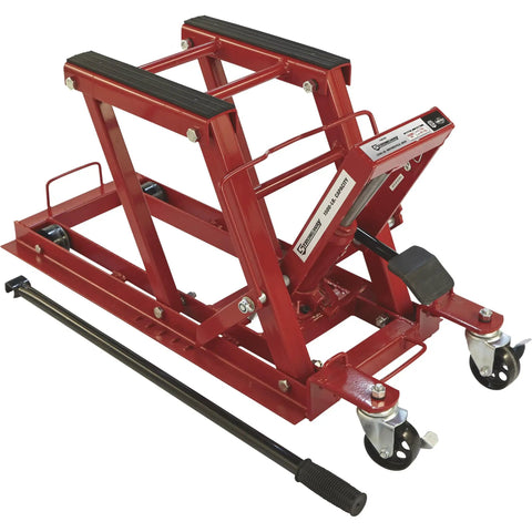 Heavy Duty Hydraulic Motorcycle Lift And Utility Vehicle Stand With 1500 Lb Capacity Smooth Glide Pump Rock Solid Steel Frame Tough Paint Job For Garage Mechanics And Bike Lovers