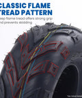 Close-up of wear-resistant 145/70-6 ATV tire with flame tread pattern for quad go-kart and mini bike tubeless use