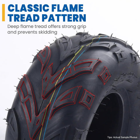 Close-up of wear-resistant 145/70-6 ATV tire with flame tread pattern for quad go-kart and mini bike tubeless use