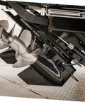 Detailed view of boat motor flusher outboard engine cleaner accessory for fresh water cooling with marine grade frame and hose attachment.