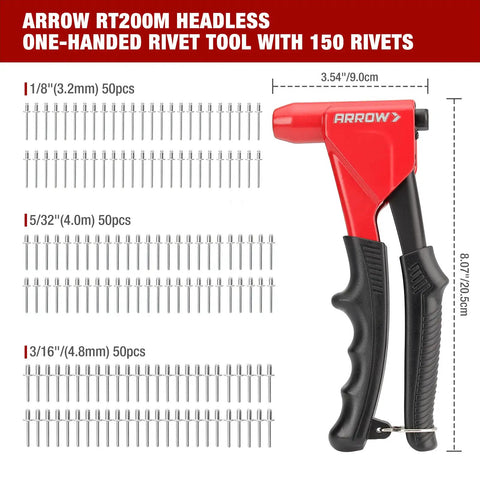 Arrow Headless Pop Rivet Gun One Handed Automatic Size Adjustment For 1 8 5 32 3 16 Inch Rivets No Change Heads Needed Heavy Duty Manual Kit With 150 Pcs Rivets.