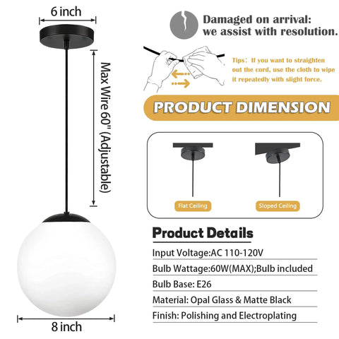 8 Inch Milk Glass Globe Pendant Light With Adjustable 60 Inch Cord Black Industrial Ceiling Fixture dimensions diagram