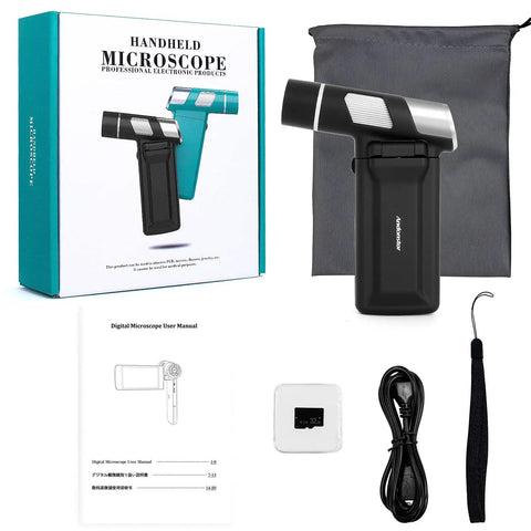 Handheld Digital Microscope With Built In LCD Screen Rechargeable Battery Portable Pocket Microscope For DIY Electronics Jewelry Soldering And Tiny Parts Inspection Anywhere In Your Home Workshop Or Field, black handheld kit with case, cable, manual