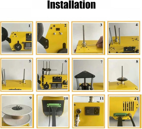 Installation steps for Sleek Desktop 3D Filament Extruder And Auto Coil Winder with detailed components.