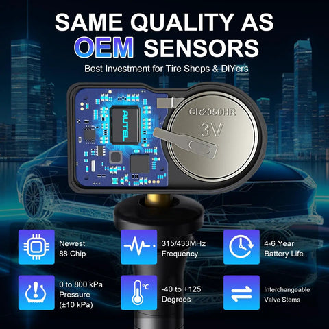 4 Pack TPMS Sensor MX Sensor 2 In 1 Dual Frequency 315MHz 433MHz Press In OE Level Programmable Tire Pressure Sensor With Rubber Valve Stem For TS508 TS408 TS608 MS906PRO TS, close-up circuit and battery