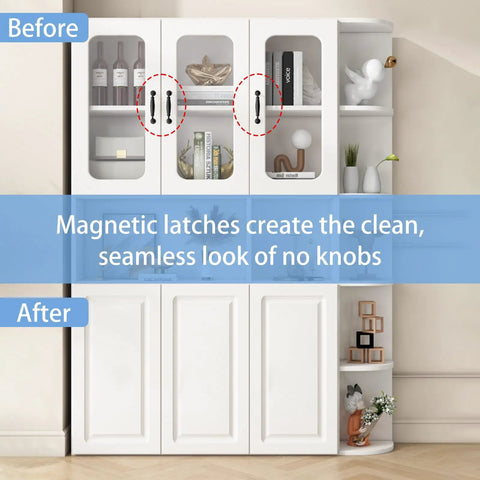 Before and after of a cabinet, showcasing Heavy Duty Magnetic Push To Open Latch Built Rugged For Kitchen Cabinets And Drawers.