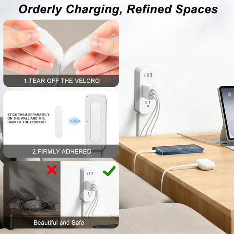 Flexible Outlet Extender Stick With Usb A And C Fast Charge Plus Two Ac Receptacles Stretches 22 To 34 Inches Swivels 180 Degrees Nips The Pinch Behind Couches And Desks with Velcro installation steps.
