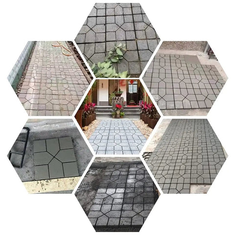 Cross Square Garden Pavement Mold Set For DIY Stepping Stones Reusable Concrete Forms showing eight unique shapes in use