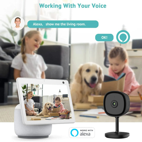 2K Indoor Home Security Camera With Crystal Clear Night Vision, 24/7 Live Video showcasing Alexa integration for family monitoring