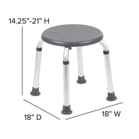 Aluminum Bath And Shower Chair With Adjustable Height And Anti Slip Medical Seat For Easy Safe Transfers 300 Lb Weight Capacity No Slip Feet Ideal For Elderly And Post Surgical Use Gray. Dimensions shown: height adjustable from 14.25 to 21 inches, 18 inches in width and depth.