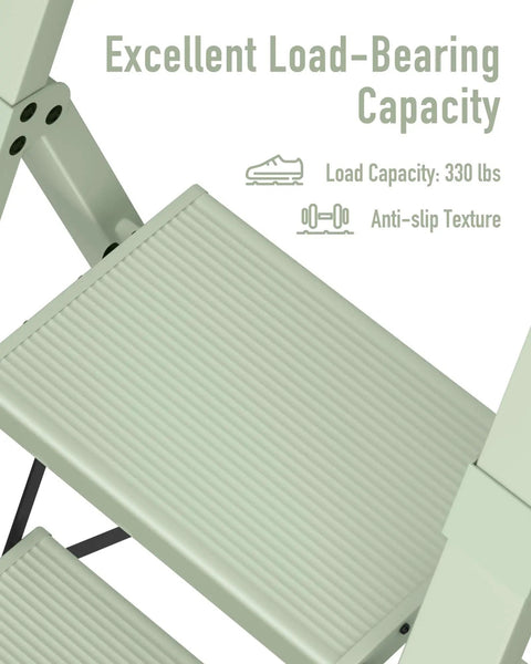 4 Step Foldable Aluminum Ladder That Doubles As A Lightweight Step Stool No Assembly Needed With Compact 2.1 Inches Folded Thickness And Reaches Up To 29.7 Inches For Easy Home Garage Use, close-up of ribbed step and 330 lb capacity