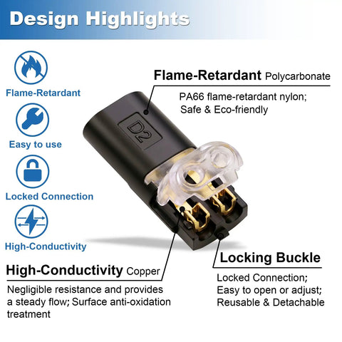 100 Piece Plug In Wire Connectors For Quick 1 Second Connections Genderless Snap Together Quick Connectors That Click In No Time No Tools Needed Easy DIY Electrical Wiring Replacement Kit Durable Safe And Reliable black D2 connector with transparent lock
