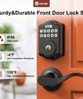 Smart Lock With Keypad Keyless Entry Smart Deadbolt Door Lock on wooden door with temperature resistance features displayed