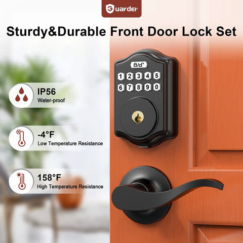 Smart Lock With Keypad Keyless Entry Smart Deadbolt Door Lock on wooden door with temperature resistance features displayed