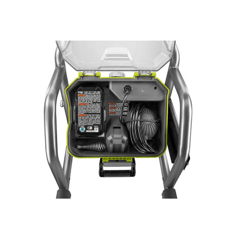 Powerful 18V Cordless Drain Auger Kit With 50 Ft Reel, 2Ah Battery, Charger, Pivoting Drum interior view showing battery and cable storage.