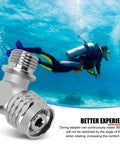 Universal Scuba 2nd Stage Swivel Adaptor Brass Chrome Plated shown underwater with diver, highlighting 360 degree rotation.