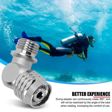 Universal Scuba 2nd Stage Swivel Adaptor Brass Chrome Plated shown underwater with diver, highlighting 360 degree rotation.