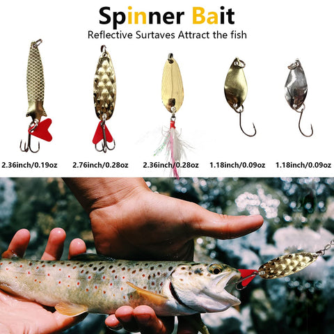 Ultimate Fishing Lures Kit With Crankbaits Topwater Spinnerbaits Worms Jigs Hooks Tackle Box And More Gear For Bass And Trout One Stop Tackle Set For Serious Anglers featuring various spinner baits with sizes shown and caught trout in hands