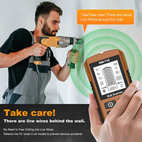 Brilluxa Stud Finder, Wall Scanner Digital Detector with LCD Display for Wood Studs, Metal Pipes and Live AC Wires Behind Drywall (Yellow) in action with a man using a drill.