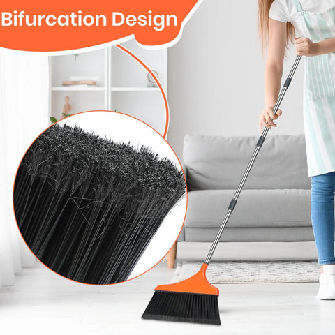 Four Pack Heavy Duty Angle Broom With Fifty Two Inch Handle and Tough Split Bristles for indoor cleaning on a hardwood floor.