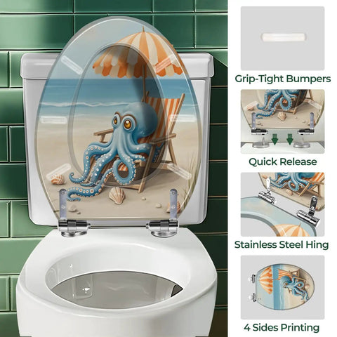 Toilet Seat Elongated Resin for Bathroom with colorful octopus beach design, suitable for most elongated toilets.