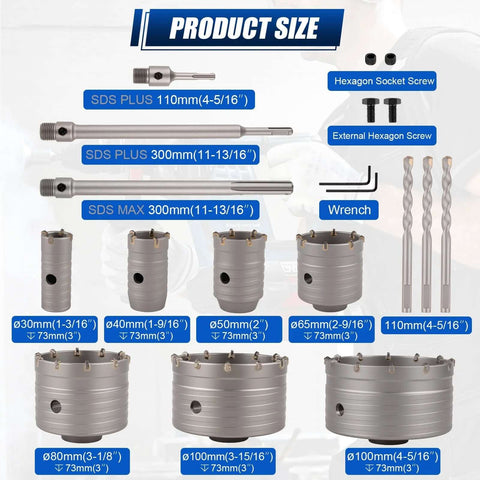 Luney 20-piece concrete hole saw kit with SDS Plus and Max shank; includes 30–110 mm saws, 3 core drill bits and wrenches