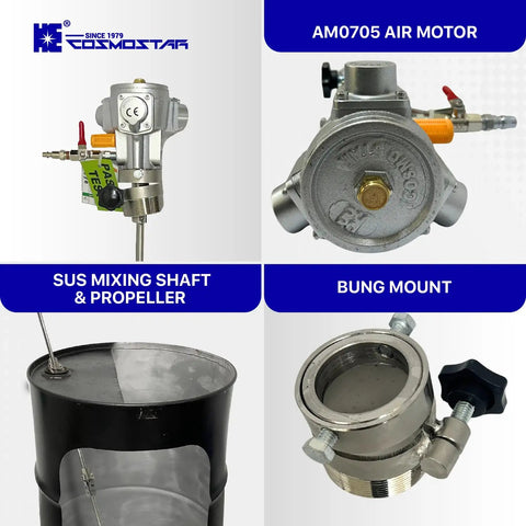 55 Gallon Pneumatic Agitator Bung Mount Tank Drum Mixer With One Eighth HP Air Motor 6 Inch Propeller detailed view