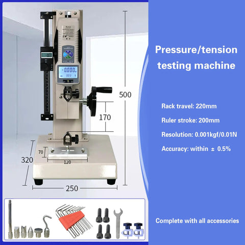 High Precision Digital Force Gauge With Manual Test Stand And Hand Wheel Push Pull Gauge For Tension And Compression Testing 8.6 Inch Stroke Clear Display Real Time Displacement Ball Screw Build ZP3000N, front view