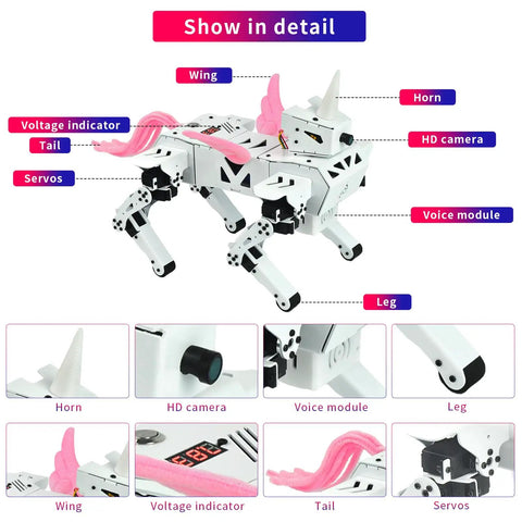 Unicorn Inspired Dope Remote Control Robotic Kit With Voice Control App Control FPV 13DOF Programmable Bionic Pet Toy For Teens And Adults ESP32 Open Source Educational Project, white unicorn robot with camera