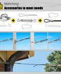 Sun Shade Sail Hardware Kit With 12 Foot Vinyl Coated 304 Stainless Steel Wire Rope For Triangle And Rectangle Shade Sail Installations In Outdoor Patios And Gardens All Weather Heavy Duty Rust Resistant in use, showing attachment to outdoor structure.