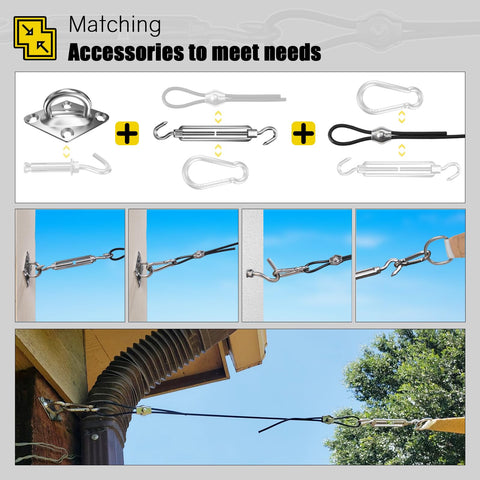 Sun Shade Sail Hardware Kit With 12 Foot Vinyl Coated 304 Stainless Steel Wire Rope For Triangle And Rectangle Shade Sail Installations In Outdoor Patios And Gardens All Weather Heavy Duty Rust Resistant in use, showing attachment to outdoor structure.