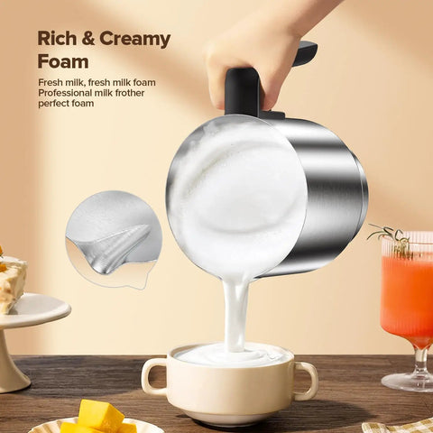 Home Barista Milk Frother And Steamer With Large 900 Milliliters Capacity Detachable Electric Frother pouring foam into cup