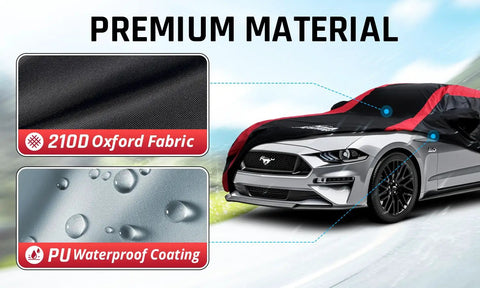Ford Weatherproof Car Cover For All Weather Use With Red Stripe Design on Ford Mustang, 210D PU Coated Nylon, close-up of fabric