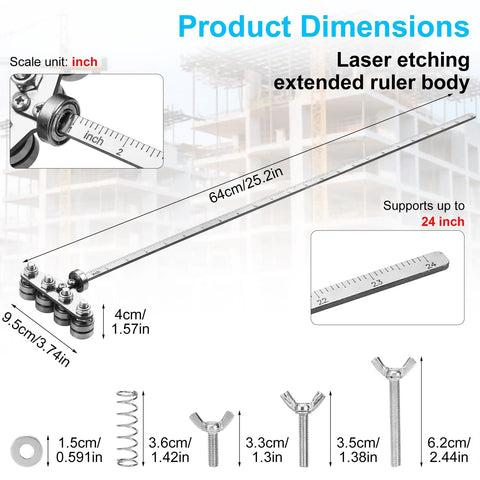 Product dimensions showing a 24 inch stainless steel ruler with laser etching for precise measurements, suitable for guide rail application.