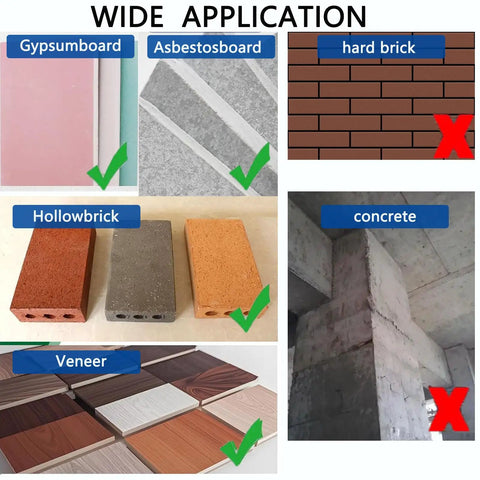 Self Drilling Drywall Anchors And Screws Kit With Zinc Plated Steel For No Drill Mounting shown with suitable wall types like gypsumboard and veneer.