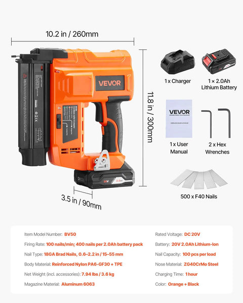 Smooth Shootin Cordless Brad Nailer 18 Gauge 20V Battery Powered Nail Gun With 2 0 Ah Li Ion Battery And Charger For No Fuss Setup Includes 500 Brad Nails Adjustable Depth For Woodworking Home Diy Crafts