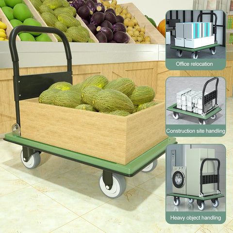 Heavy Duty Folding Platform Cart with 1100 Pound Capacity and 360 Degree Swivel Front Wheels loaded with produce