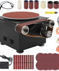Hot Tip 3 In 1 Mini Belt Disc Sander Bench Grinder Tool Speed Adjustable Power Tool For DIY Woodworking Metal Knife Making Crafts Jewelry Sharpening Scissors with accessories and sanding discs.