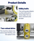 Close-up of Sciolix Automatic Heat Shrink Tube Cutter Machine utility knife and two-wheel drive system for efficient cutting.