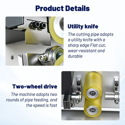 Close-up of Sciolix Automatic Heat Shrink Tube Cutter Machine utility knife and two-wheel drive system for efficient cutting.