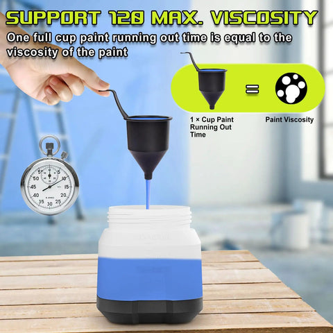Kick Your DIY Projects Into High Gear With This Cordless Automatic Paint Sprayer Tool Only Compatible With Ryobi 18V Batteries No Cords Just Effortless Precision Finishing, showing paint viscosity measuring tool and stopwatch.