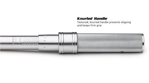 Close-up of knurled handle on Industrial Torque Wrench 30 to 150 in-lbs, One Quarter Inch Drive, Matte Chrome Finish.