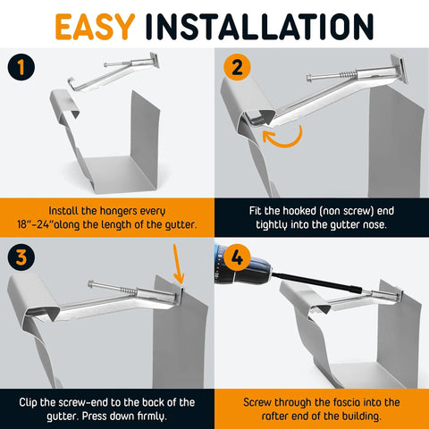 Step-by-step installation of 5 Inch Gutter Hangers Kit 25 Pack With Bonus 6 Inch Drill Bit Hidden Bracket Clips.