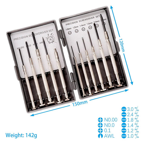 Open case displaying a 11 Piece Mini Precision Screwdriver Set For Repairing Computers Electronics Toys And Watches with various tips.