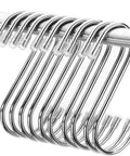 Ten Pack Heavy Duty Stainless Steel S Hooks for Hanging 3.07 Inch S Shaped Hangers organized on a rod in silver