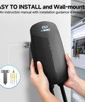 Hands installing Level 2 EV Charger For Home Use 40 Amp Fast Charging 9.6kW 240V on garage wall, NEMA 14-50 Plug, WiFi control.