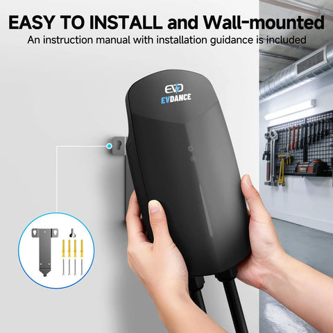 Hands installing Level 2 EV Charger For Home Use 40 Amp Fast Charging 9.6kW 240V on garage wall, NEMA 14-50 Plug, WiFi control.