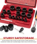 22 Piece Bolt Extractor Set With One Half Inch And Three Eighth Inch Drive Easy Out Stripped Lug Nut Remover Kit For Damaged Rusted Broken Nuts And Screws Wheel Lock Removal Tool In Red shown in open case with components